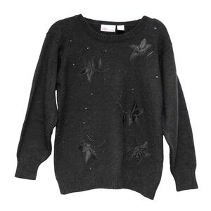 VTG 80s Black Sweater Embroidered Flowers &‎ Sequins Sz S GrannyCore Grandma JBJ